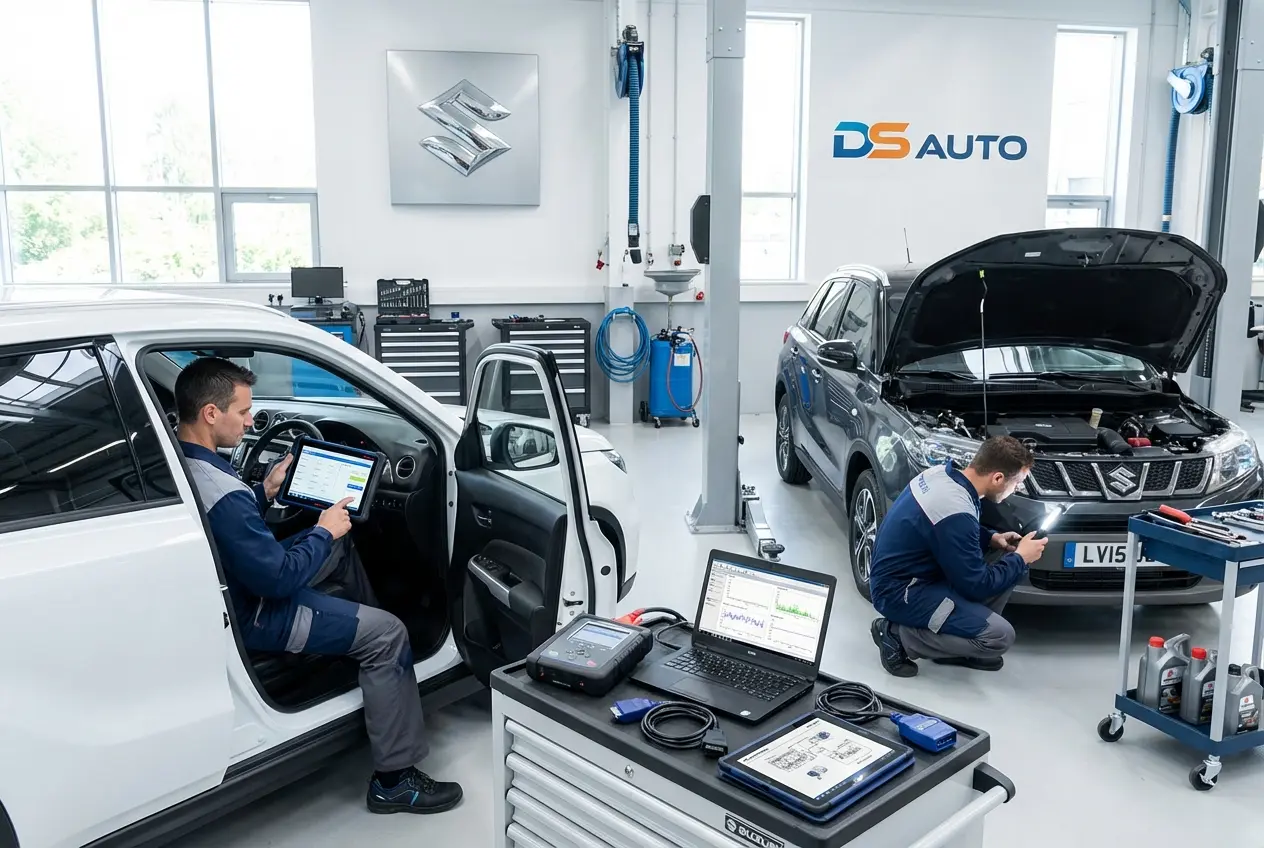 Диагностическое оборудование подключено к автомобилю Suzuki в автосервисе DS Auto Жуковский
